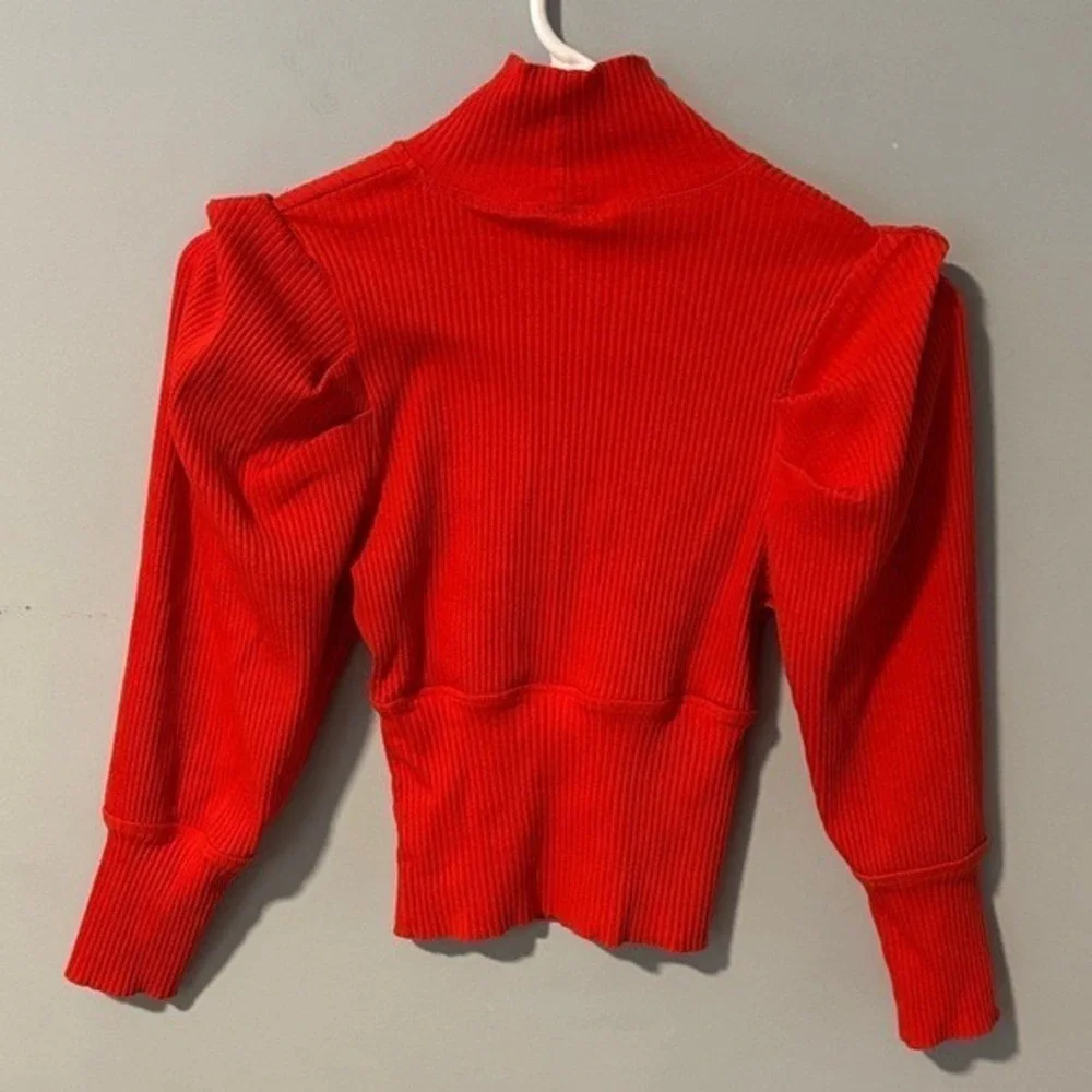 Free People Women Red‎ Ribbed Mock Neck Puff Shoulder Long Sleeve Top Size S